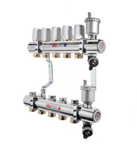 

Коллекторный блок Valtec 1" x 3/4", "евроконус" на 8 контуров