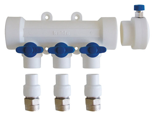 Kalde Коллектор c воздухоотводчиком 5вых./ручки синие 40 х 20