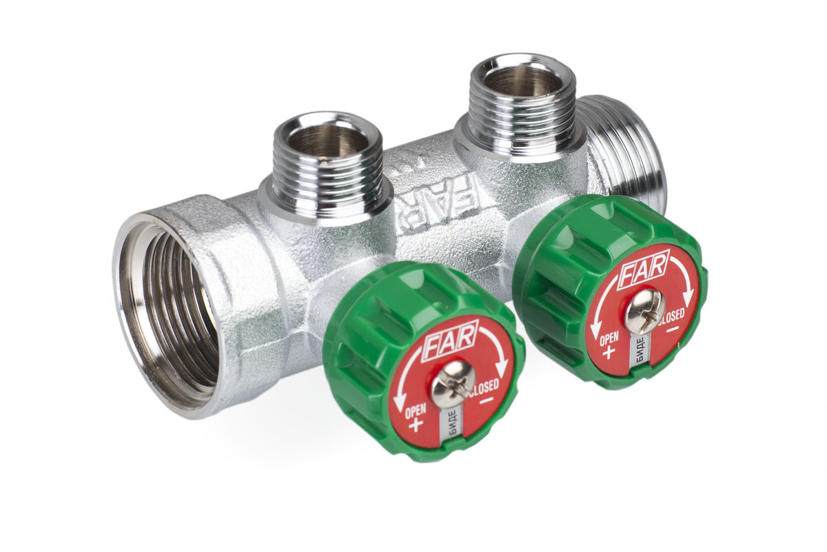 

Far Регулирующий проходной коллектор ВР-НР 3/4" с 2 отводами 1/2" FK 3821 3412