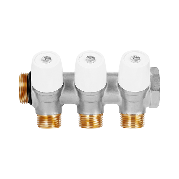 Hoobs Коллектор с вентилями, латунь никель, 3/4"х4х1/2"EK, белая ручка