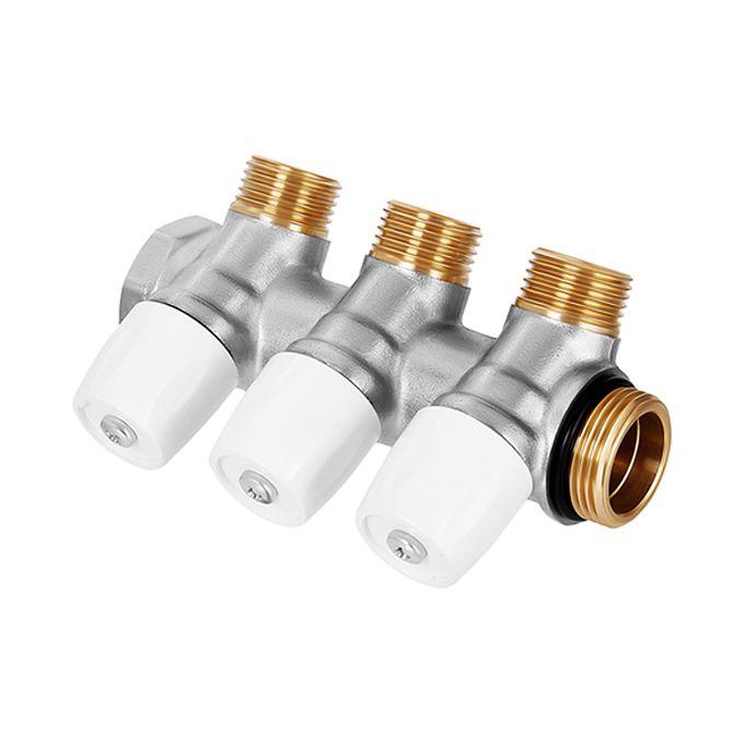 Hoobs Коллектор с вентилями, латунь никель, 3/4"х3х1/2"EK, белая ручка