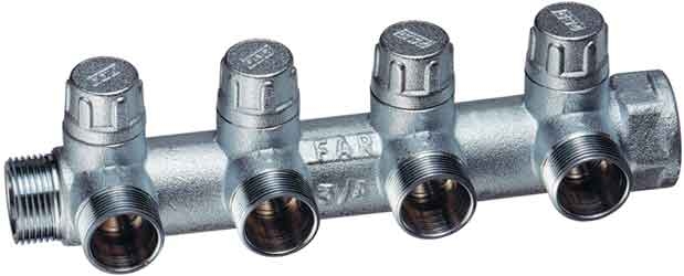

Far Запорный проходной коллектор ВР-НР 3/4" с 4 отводами 1/2" FK 3873 3412