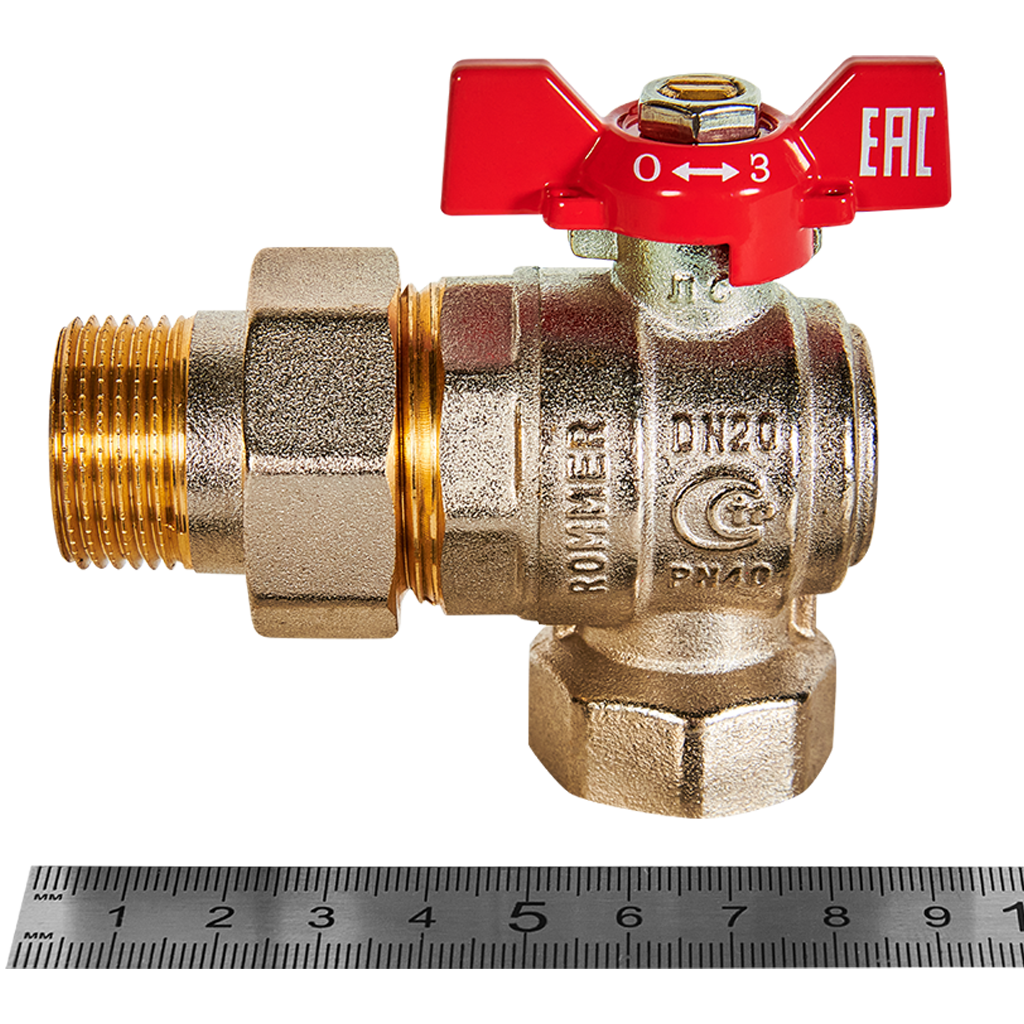 Rommer шаровой кран угловой с американкой 3/4" ВН/НР, ручка бабочка RBV-0006-2610220