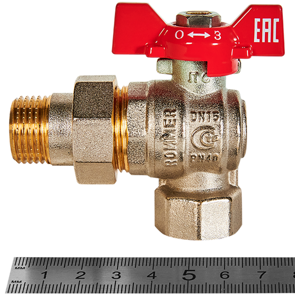 Rommer шаровой кран угловой с американкой 1/2" ВН/НР, ручка бабочка RBV-0006-2610215
