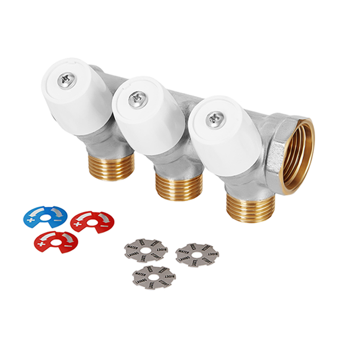 Hoobs Коллектор с вентилями, латунь никель, 3/4"х3х1/2"EK, белая ручка