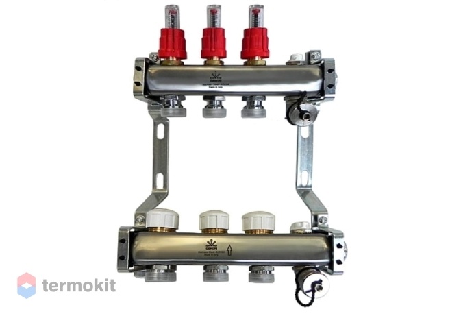 Gekon Коллекторный блок для теплого пола с расходомерами и термостатическими клапанами и ручными воздухоотводчиками 1"x 3/4" на 3 вых.