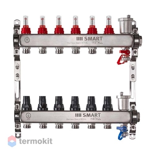 Smart Install Комплект коллекторов, нерж. ст., с расходомерами 1"х3/4"-2 вых.