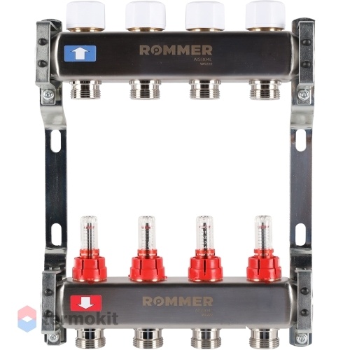 Коллектор из нержавеющей стали Rommer RMS 1200 с расходомерами, 4 вых.