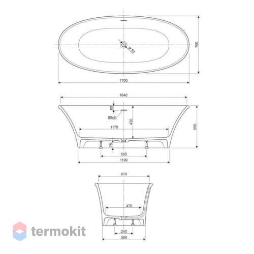 Ванна из искусственного камня Cezares Melodia 1700х750 MELODIA-170-75-57-G