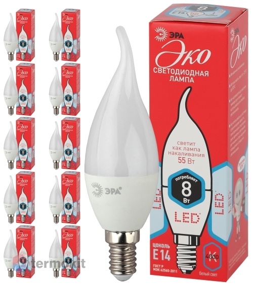 Лампа светодиодная ЭРА ECO LED BXS-8W-840-E14 диод, свеча на ветру, 8Вт, нейтр, E14, 10 шт