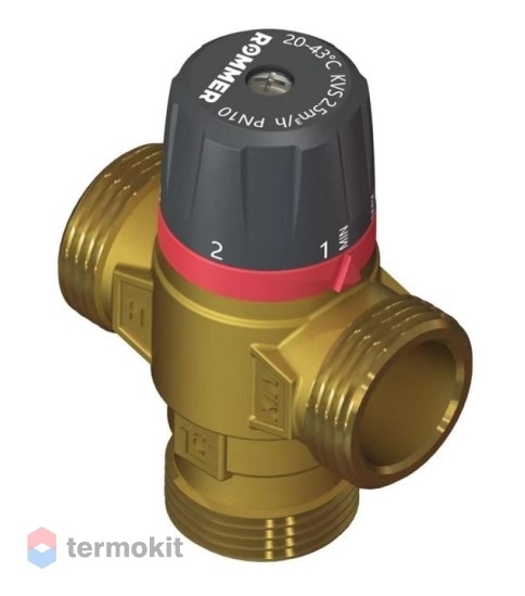 ROMMER Термостатический смесительный клапан для систем отопления и ГВС 1" НР 20-43°С KV 2,5 (боковое смешивание)