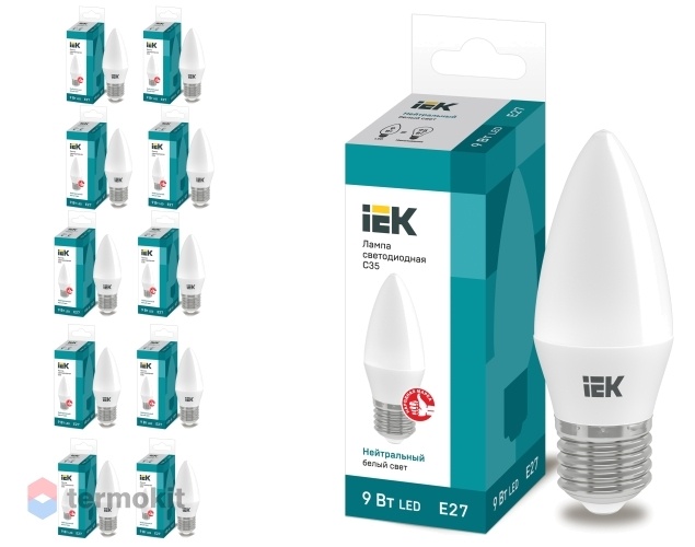 Лампа светодиодная IEK ECO C35 свеча 9Вт 230В 4000К E27, 10 шт.