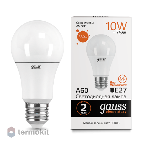 Лампа Gauss LED Elementary A60 E27 10W 220V 3000K