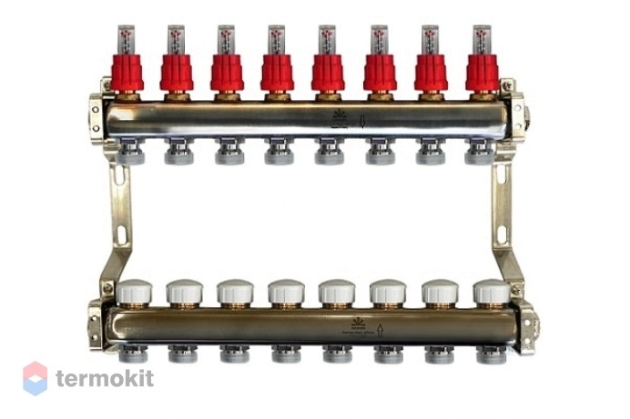 Gekon Коллекторный блок для теплого пола с расходомерами и термостатическими клапанами 1"x 3/4" на 8 вых.