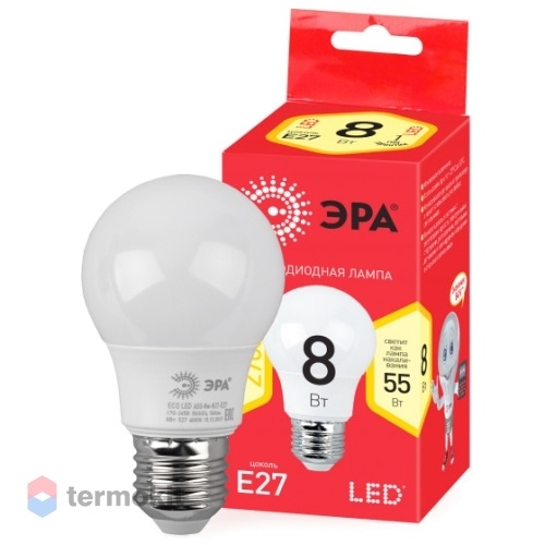 Лампа светодиодная ЭРА ECO LED A55-8W-827-E27 диод, груша, 8Вт, тепл, E27