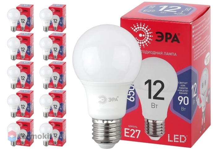 Лампа светодиодная ЭРА LED A60-12W-865-E27 R диод, груша, 12Вт, хол, E27, 10 шт