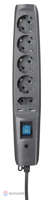 Сетевой фильтр Черный ЭРА SFU-5es-2m-B надежная защита, с защитным шторками, с выключателем, 5гн+2USB, 2м,10А, шторки