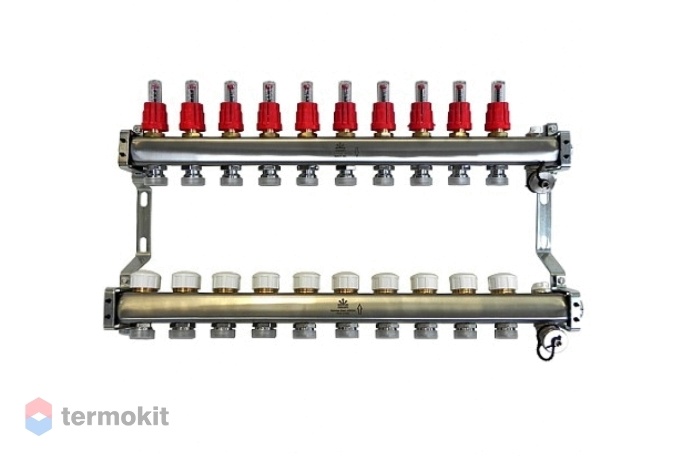 Gekon Коллекторный блок для теплого пола с расходомерами и термостатическими клапанами и ручными воздухоотводчиками 1"x 3/4" на 10 вых.