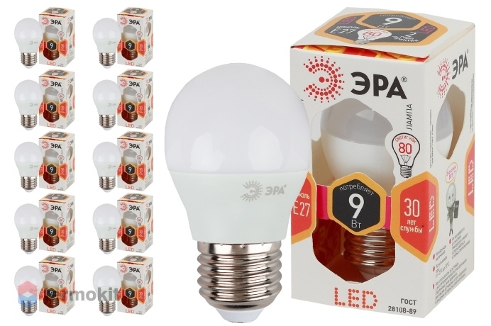 Лампа светодиодная ЭРА LED P45-9W-827-E27 диод, шар, 9Вт, тепл, E27, 10 шт