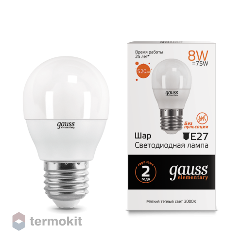 Лампа Gauss LED Elementary Globe 8W E27 3000K 1/10/50