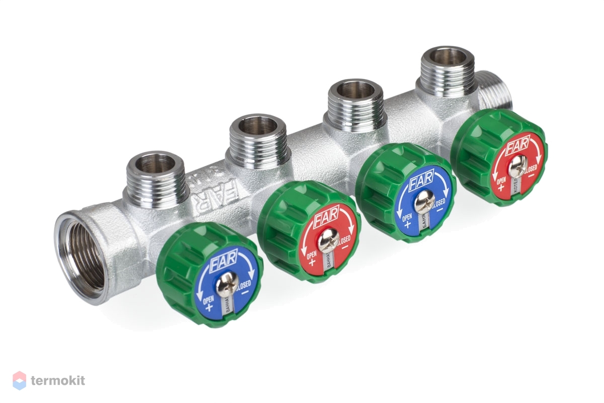 Far Регулирующий проходной коллектор ВР-НР 3/4 с 4 отводами 1/2 FK 3824 ...