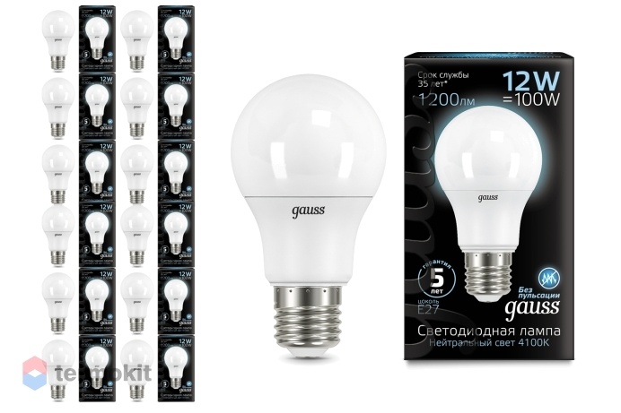 Лампа светодиодная Gauss LED A60 E27 12W 4100K, 10 шт.