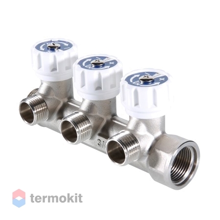 Коллектор Valtec никелированный с регулирующими вентилями и наружной резьбой 3/4" х 1/2" на 3 отвода