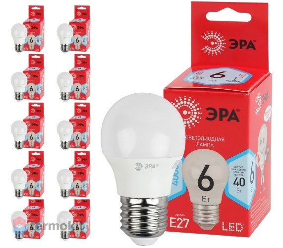 Лампа светодиодная ЭРА ECO LED P45-6W-840-E27 диод, шар, 6Вт, нейтр, E27, 10 шт.
