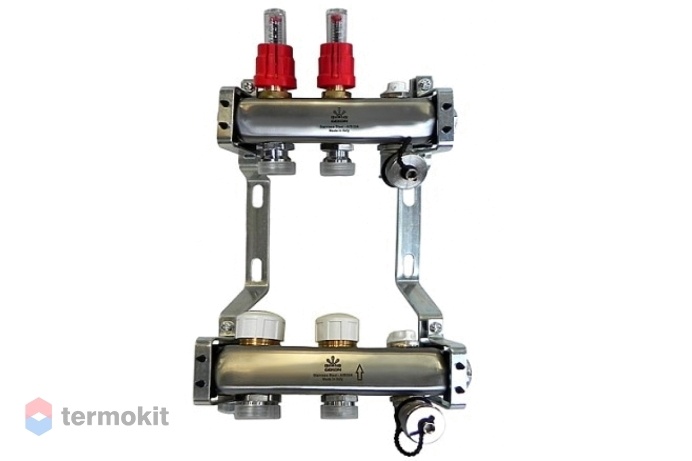 Gekon Коллекторный блок для теплого пола с расходомерами и термостатическими клапанами и ручными воздухоотводчиками 1"x 3/4" на 2 вых.