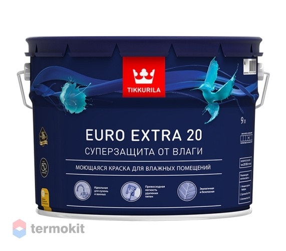 Tikkurila Euro Extra 20, Водоразбавляемая краска для стен и потолков в помещениях с умеренной и повышенной влажностью,база С, 9л
