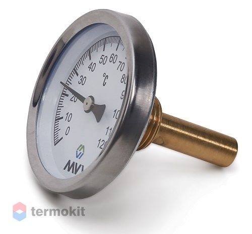 MVI Термометр аксиальный, биметаллический, диапазон показаний от 0°C до 120°C, диаметр корпуса 63 мм, погружной, подключение G1/2
