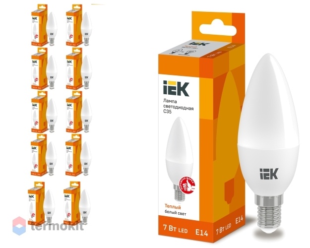 Лампа светодиодная IEK ECO C35 свеча 7Вт 230В 3000К E14,10 шт.