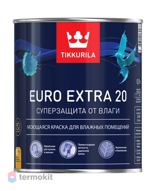 Tikkurila Euro Extra 20, Водоразбавляемая краска для стен и потолков в помещениях с умеренной и повышенной влажностью,база А, 0,9л