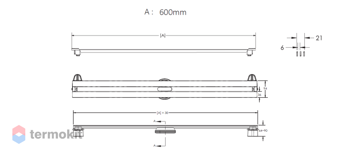 Желоб BERGES водосток SUPER Slim 600 матовый хром, S-сифон D50/105 H50 вертикальный 090052