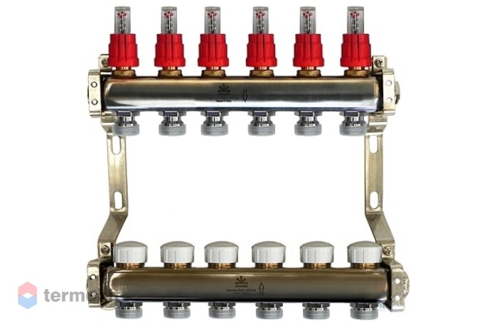 Gekon Коллекторный блок для теплого пола с расходомерами и термостатическими клапанами 1"x 3/4" на 6 вых.