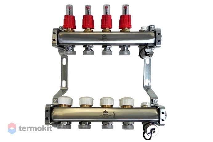Gekon Коллекторный блок для теплого пола с расходомерами и термостатическими клапанами и ручными воздухоотводчиками 1"x 3/4" на 4 вых.