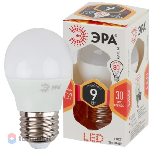 Лампа светодиодная ЭРА LED P45-9W-827-E27 диод, шар, 9Вт, тепл, E27