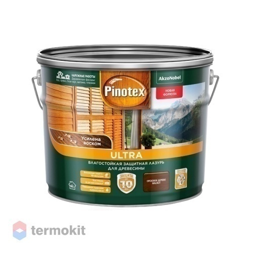 Pinotex Ultra,Влагостойкая защитная лазурь для древесины, с воском, орех, 9л
