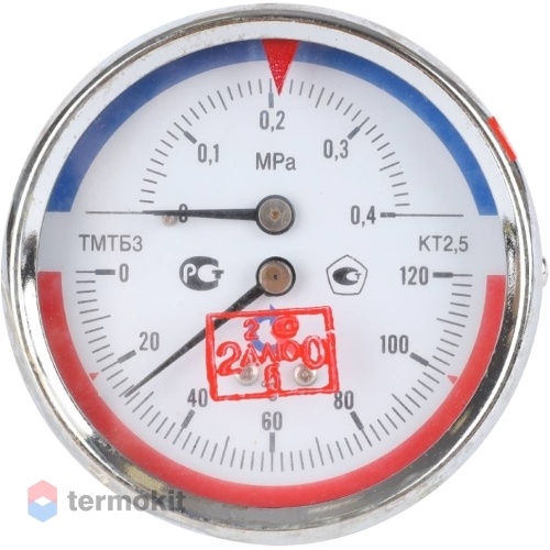 РОСМА Термоманометр ТМТБ-31Т.1 (0-120 С)/(0-0,4 MPa) G1/2 80мм, длина клапана 46мм осевое присоединение, КТ 2,5