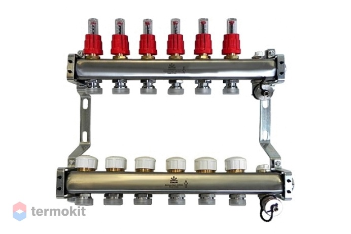 Gekon Коллекторный блок с расходомерами и термостатическими клапанами и ручными воздухоотводчиками 1"x 3/4" на 6 вых.