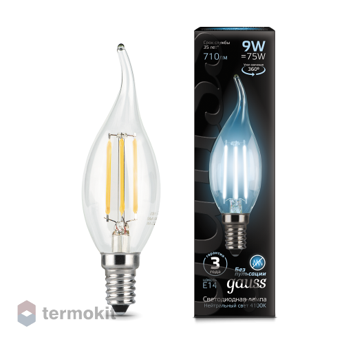 Лампа светодиодная Gauss LED Filament Candle tailed E14 9W 4100K 1/10/50, 5 шт