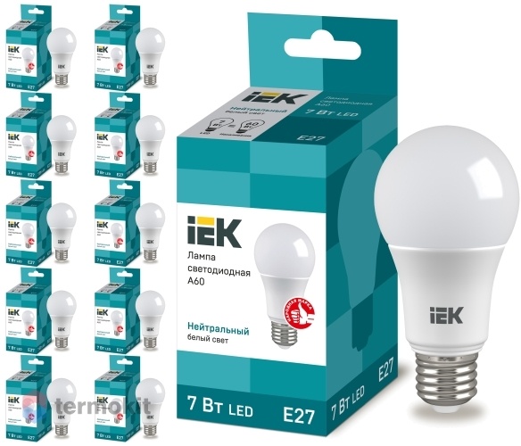 Лампа светодиодная IEK ECO A60 шар 7Вт 230В 4000К E27,10 шт.