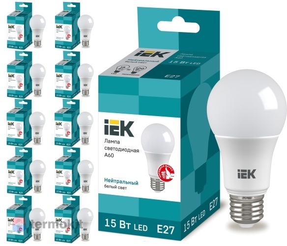 Лампа светодиодная IEK ECO A60 шар 15Вт 230В 4000К E27, 10 шт.