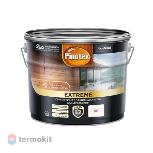 Pinotex Extreme,Сверхпрочная защитная лазурь для древесины,с эффектом самоочистки,белая,9л