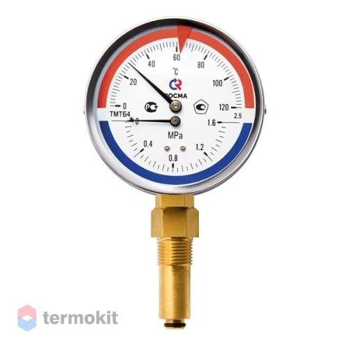 РОСМА Термоманометр ТМТБ-31Т.1 (0-120 С)/(0-1,0 MPa) G1/2 80мм, длина клапана 46мм осевое присоединение, КТ 2,5