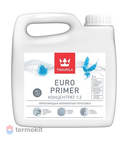 Tikkurila Euro Primer, укрепляющая грунтовка глубокого проникновения с добавками против грибков и плесени. Концентрат 1:3, 3л