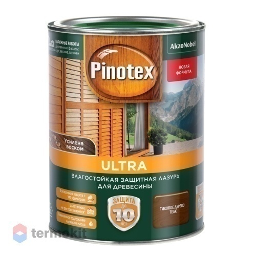 Pinotex Ultra,Влагостойкая защитная лазурь для древесины, с воском, тик, 1л