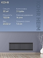 Стальной трубчатый радиатор Kohr Heim 3030/22 секции с боковым подключением 3/4 черный