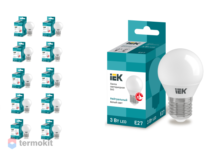 Лампа светодиодная IEK ECO G45 шар 3Вт 230В 4000К E27,10 шт.
