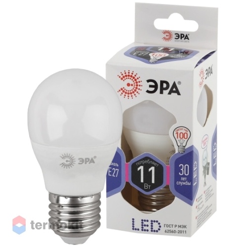 Лампа светодиодная ЭРА LED P45-11W-860-E27 диод, шар, 11Вт, хол, E27